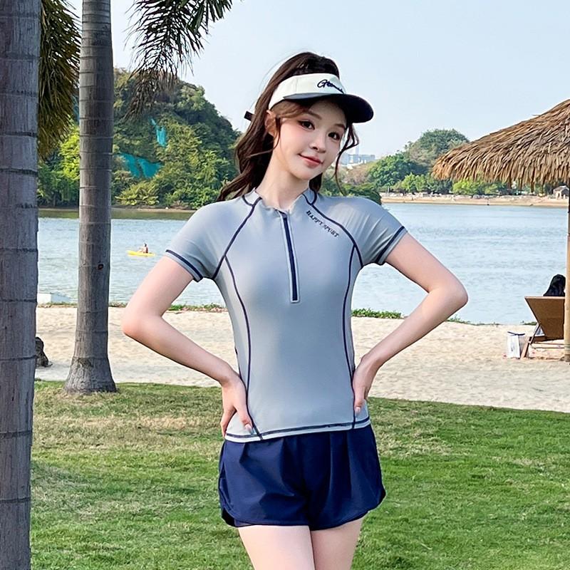 Womens Modest Two-Piece Swim Set With Short Sleeve Top Boxer-Style Bottoms Light Striped Design Swimming Fitness Running