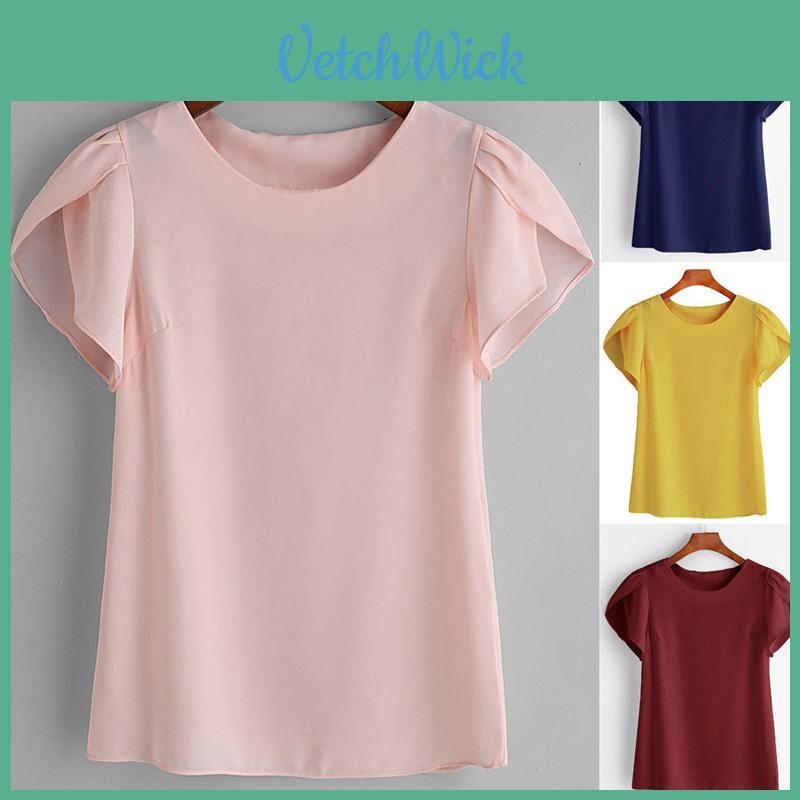 Summer Women Lotus Short Sleeve Blouse Tops Ladies Loose T Shirt Casual Top Tee
