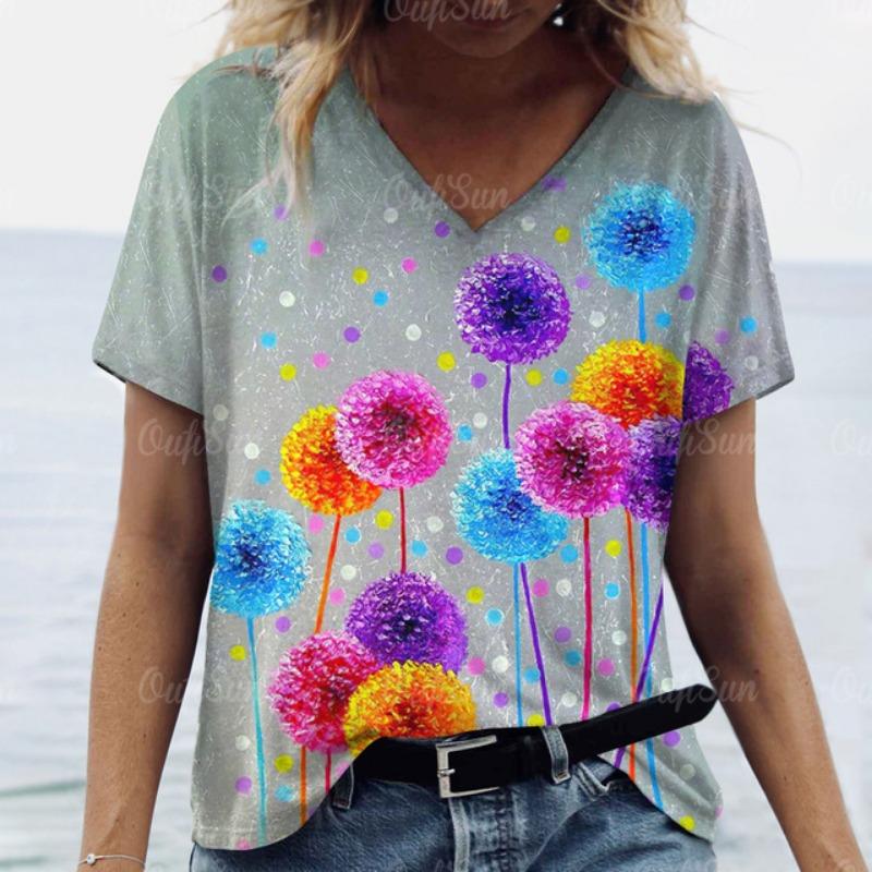 Women Short Sleeves V-Neck T-Shirt Oversized Beautiful Clothing Loose T Shirt Clothing Woman Flowers Print Top Pullover Outdoor