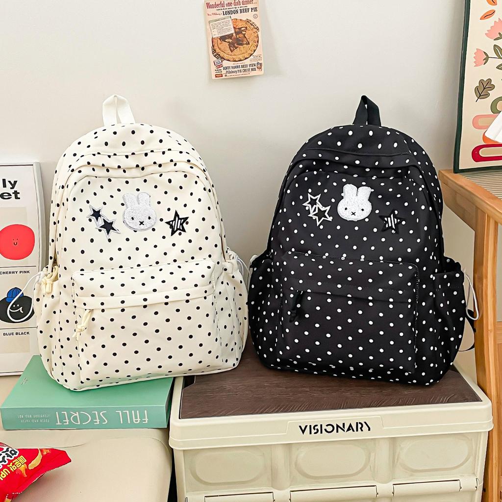 Schoolbag Japanese Cute Polka Dot Backpack Female Student Large Capacity Lightweight Casual Backpack Star Rabbit Cute Double Schoolbag