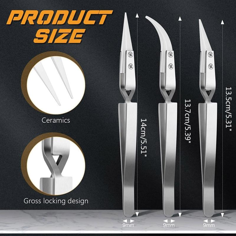 Precision Reverse Ceramic Tweezers Non-Conductive,Anti-Magnetic Point Curved Tips Tweezers Set for Cross Lock Soldering