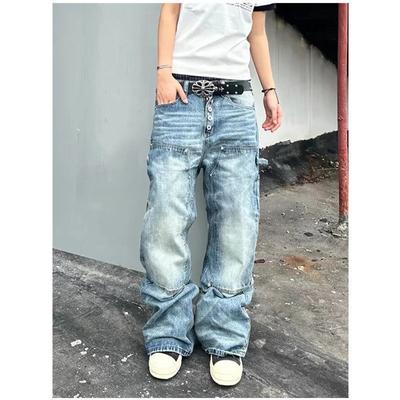 1111 American High Street Breasted Tooling Jeans Men's Retro Washed Old Loose Wide-leg Men's Jeans