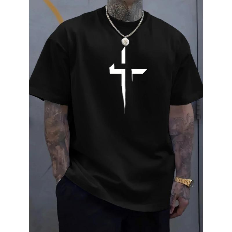 Men's Summer Casual Loose Fit Plus Size Cross Creative Print Sporty Comfortable Crew Neck Short Sleeve T-Shirt
