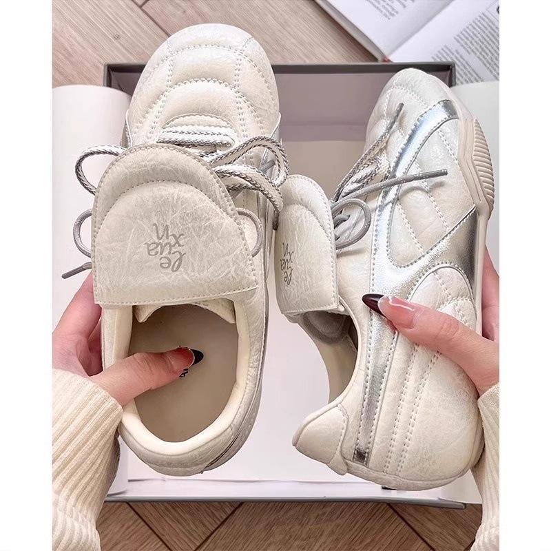 Cowhide Version~ Flat Bottom Retro Flip Forrest Gump Shoes Women's Round Head Casual Shoes Women's Lace-up German Training Shoes Sports Shoes Tide