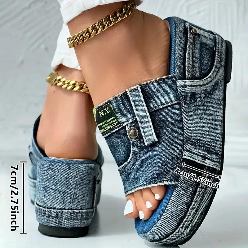 Women Slippers New Beach Walking Slippers Summer Elegant Denim Sandals Comfortable Slip on Platform Shoes Casual Slides Women
