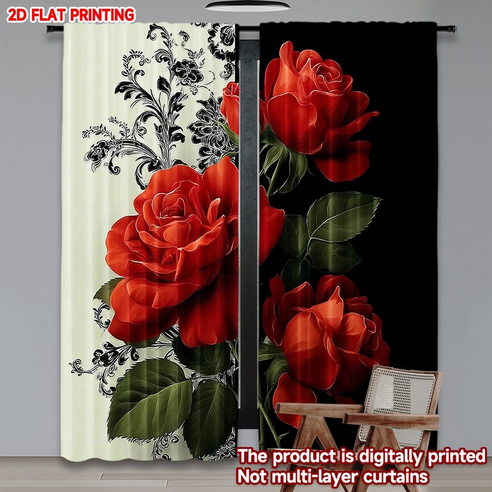 

2D flat printing 2pcs Happy Valentine s Day Party Curtain Rose rhythm print Digital Printed Polyester Drapes Festive Holiday Use 100*130 Rod Pocket 1pcs