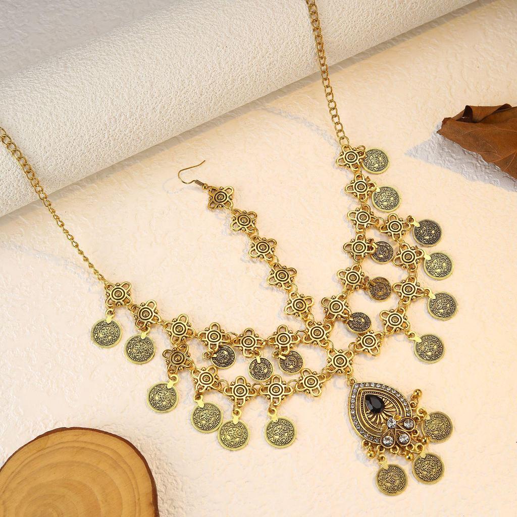 Bohemian Exotic Rhinestone Tassel Necklace & Earrings Set In Antiqued Alloy