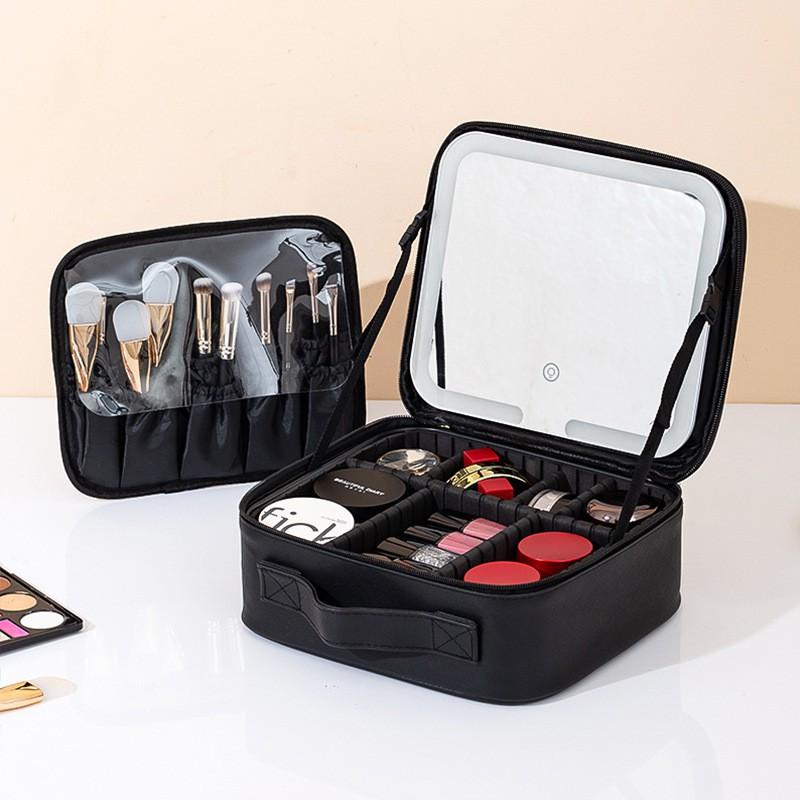 Large Capacity Travel Makeup Bag With LED Lighted Mirror Women PU Cosmetic Organizer Multi-Compartment Storage