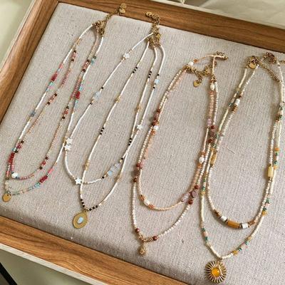 French Ethnic Style Color Stone Beaded Fashion Retro Style Easiest for Match Sense Necklace Clavicle Necklace for Women