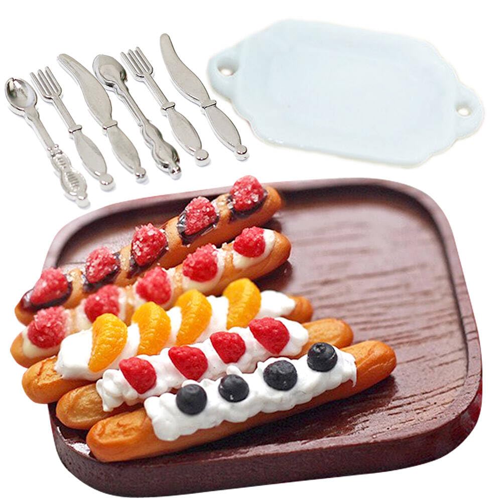 

moin moin Miniature Sweets Set (5 pieces) + Plate + Wooden Tray + Silver Cutlery Set (2 sets) 16 112 Scale Cafe Bread Realistic Desserts with