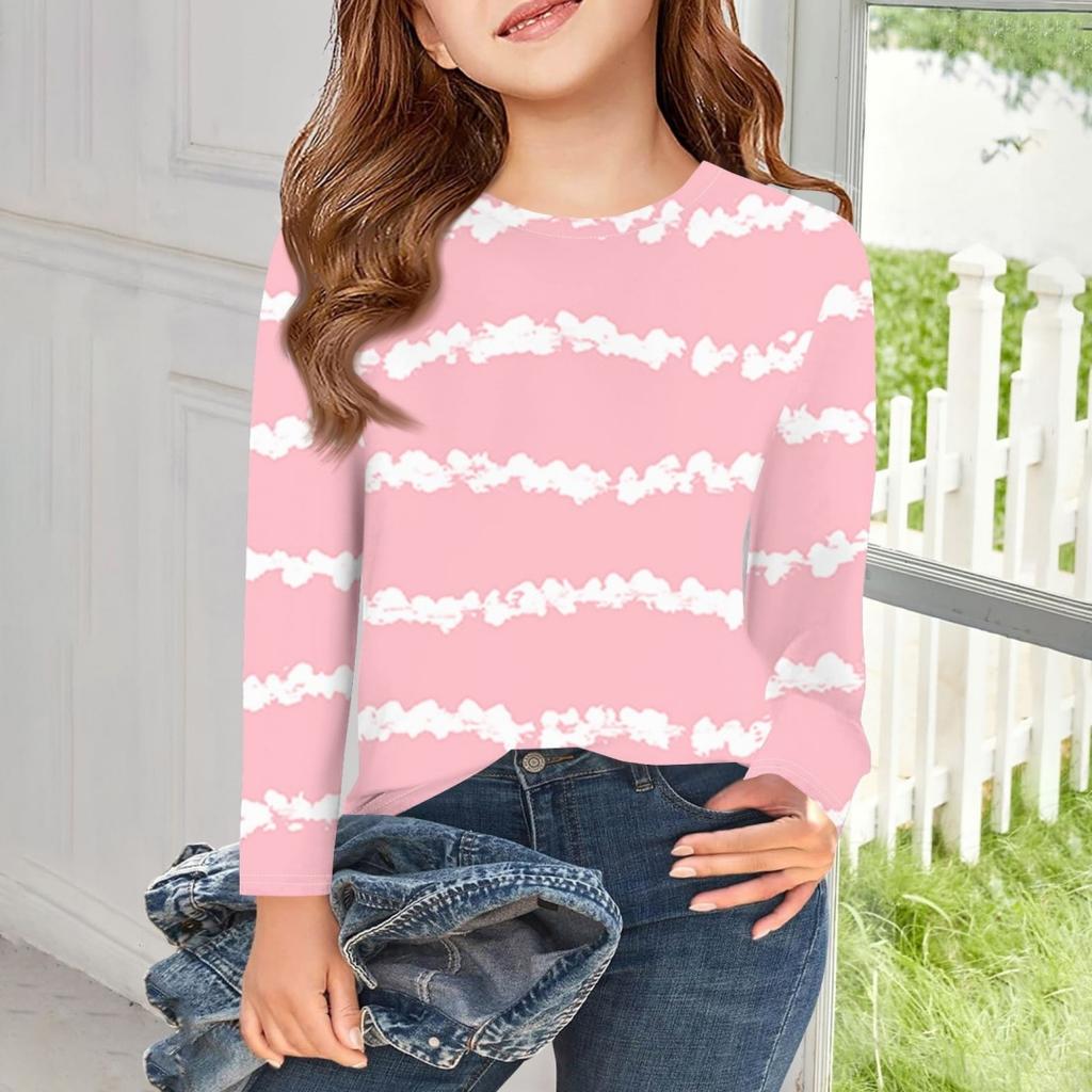New Loose Round Neck Long Sleeve Tie Dye Striped Style Children T-Shirt Autumn Plus Size Female Fashion Casual Tee Top Clothing