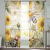 Vintage Wiejskie Drewno Rośliny Słoneczniki Pszczoły Zasłony Tiulowe na Okno do Salonu Hotel Luksusowa Dekoracja Przezroczyste Zasłony