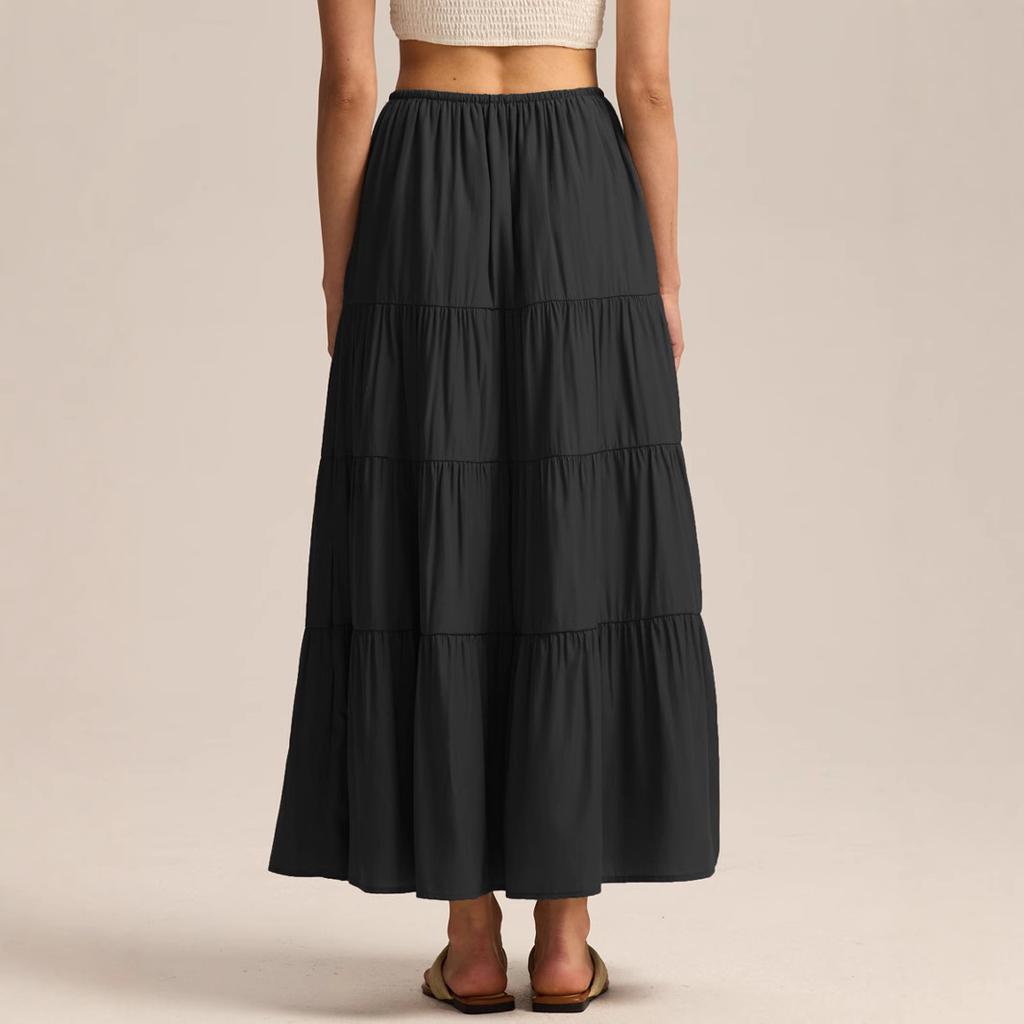 Women's Casual Maxi Skirts Summer Boho Solid Beach Elastic High Waist Pleated A-Line Flowy Swing Long Maxi Skirts Elastic Waist Long Skirt for Women