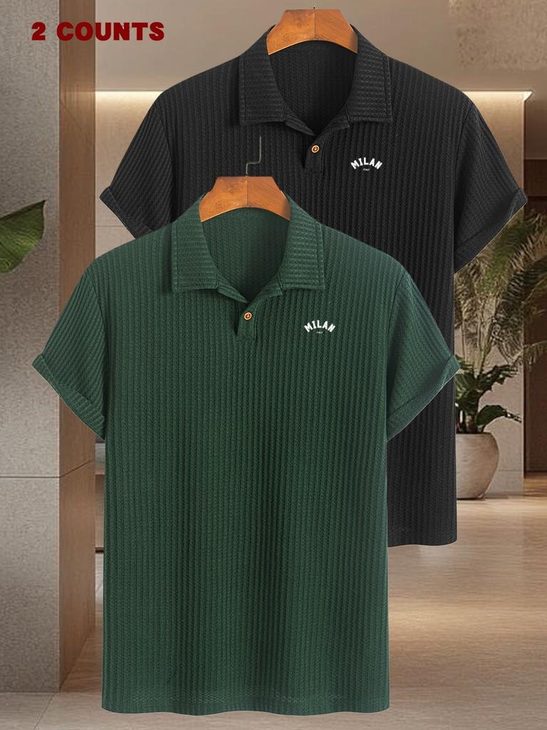 2pcs Men's Golf T Shirts with MILAN Print Pattern, Short Sleeve Polo Shirts Casual Comfortable Soft Knit Lapel Collar, Ideal for Daily Business Wear