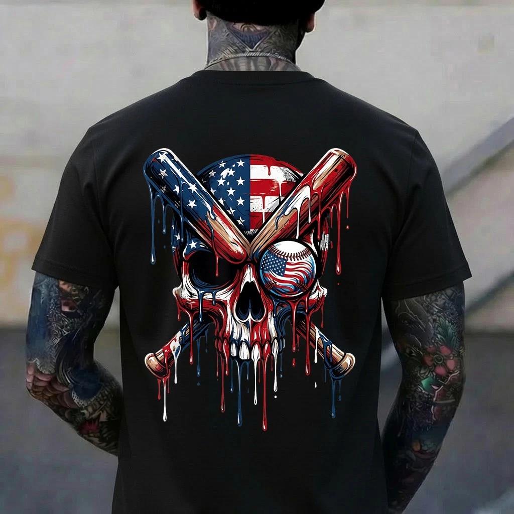 Drip Baseball American Flag Skull Dripping Baseball Player T-Shirt S