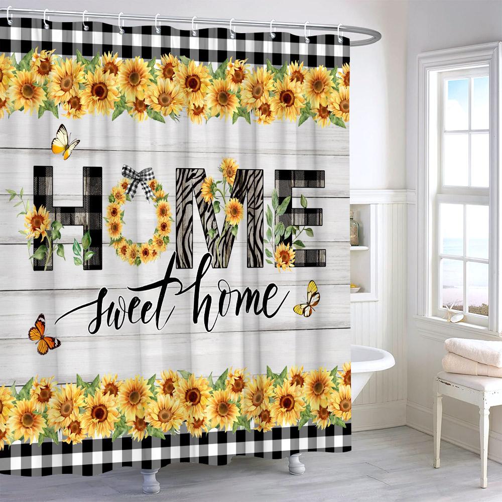 

Rustic Sunflower Flower Butterfly Print Shower Curtain Vintage Floral Botanical Polyester Fabric Shower Curtains Bathroom Decor 90x180cm