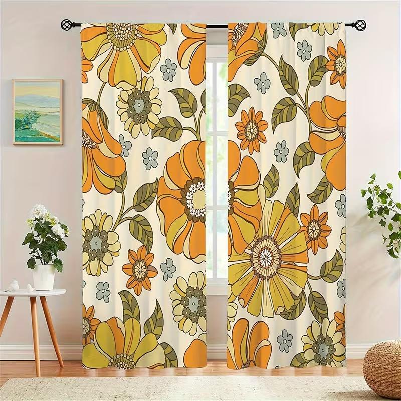 2 Pcs Yellow Flowers Print Curtains,suitable for Bedroom,living Room Kitchen Decoration,home Decoration,window Decoration