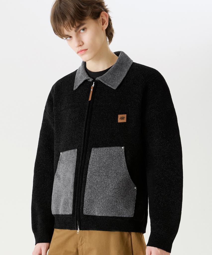 TRILLION Color Work Collar Zip-Up Knit Jacket [Black]