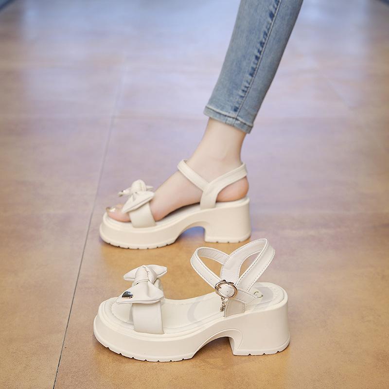 Korean Tide High Heels Women's Summer New Fashion Versatile Bow Comfortable Word with Thick Heel Sandals Women