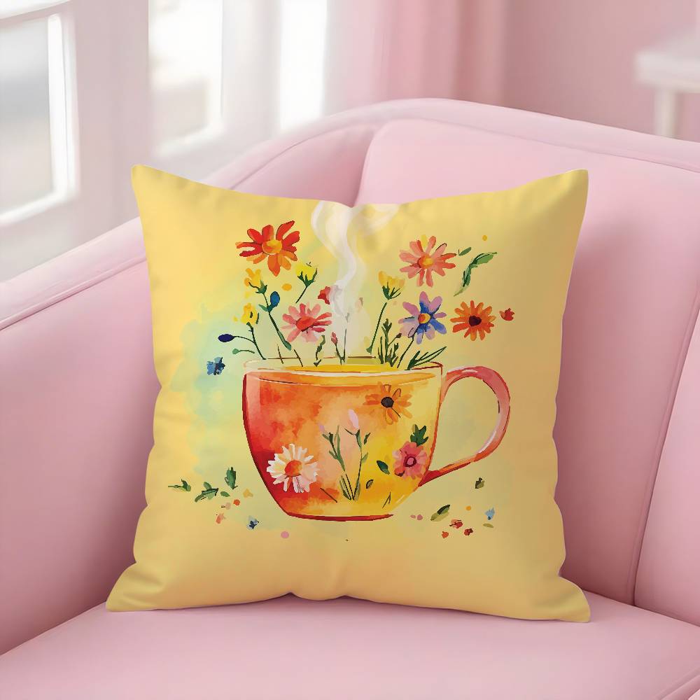 Painting Cup Of Flowers Pillow Case Soft Plush Fabric Double Sided Print Decorative Home Living Room Gift Cushion Cover