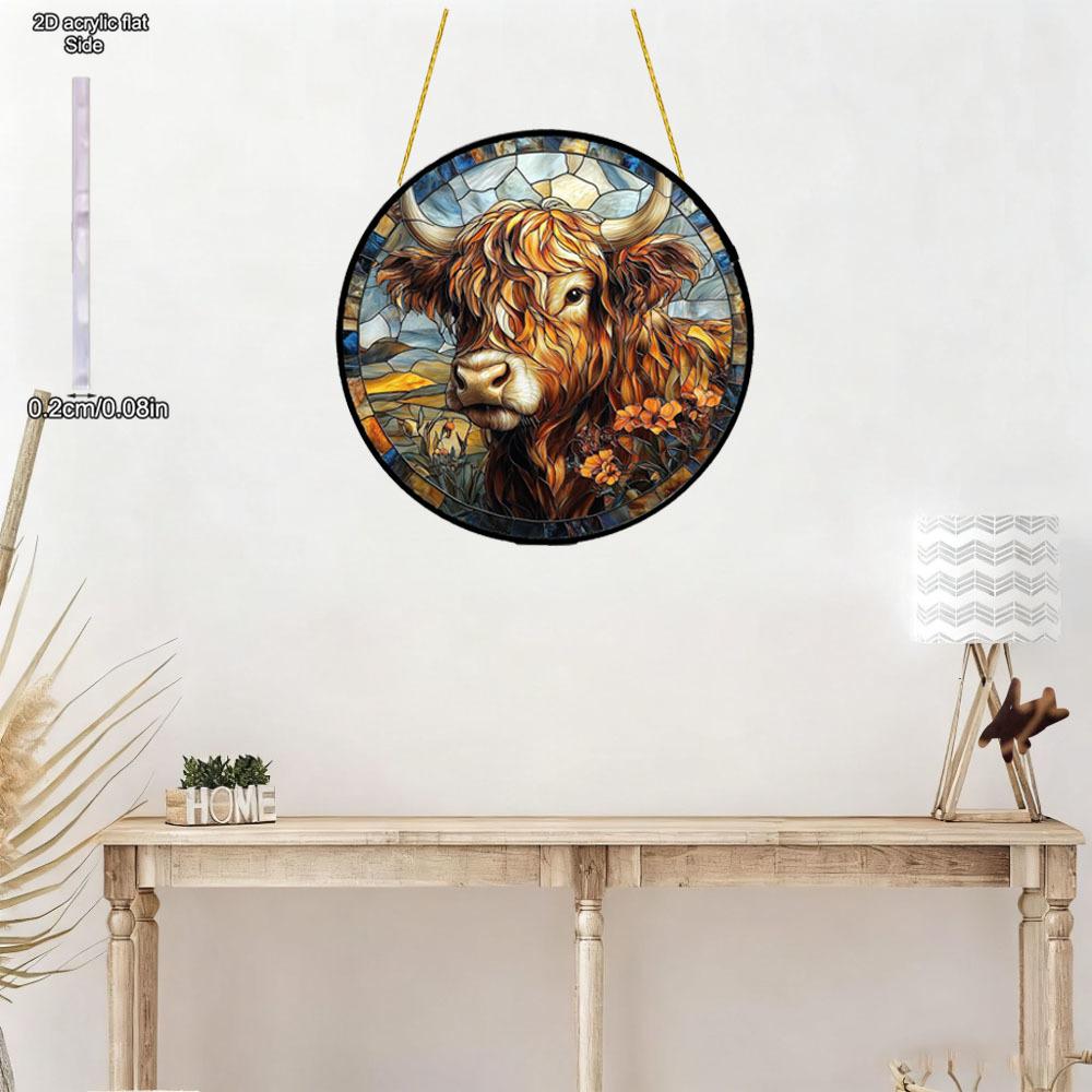 Bison Suncatcher Stained Glass Window Acrylic Round Wall Hangings Farmhouse Garden Ornaments Home Decor Gift for Animal Lovers, Perfect for Home 