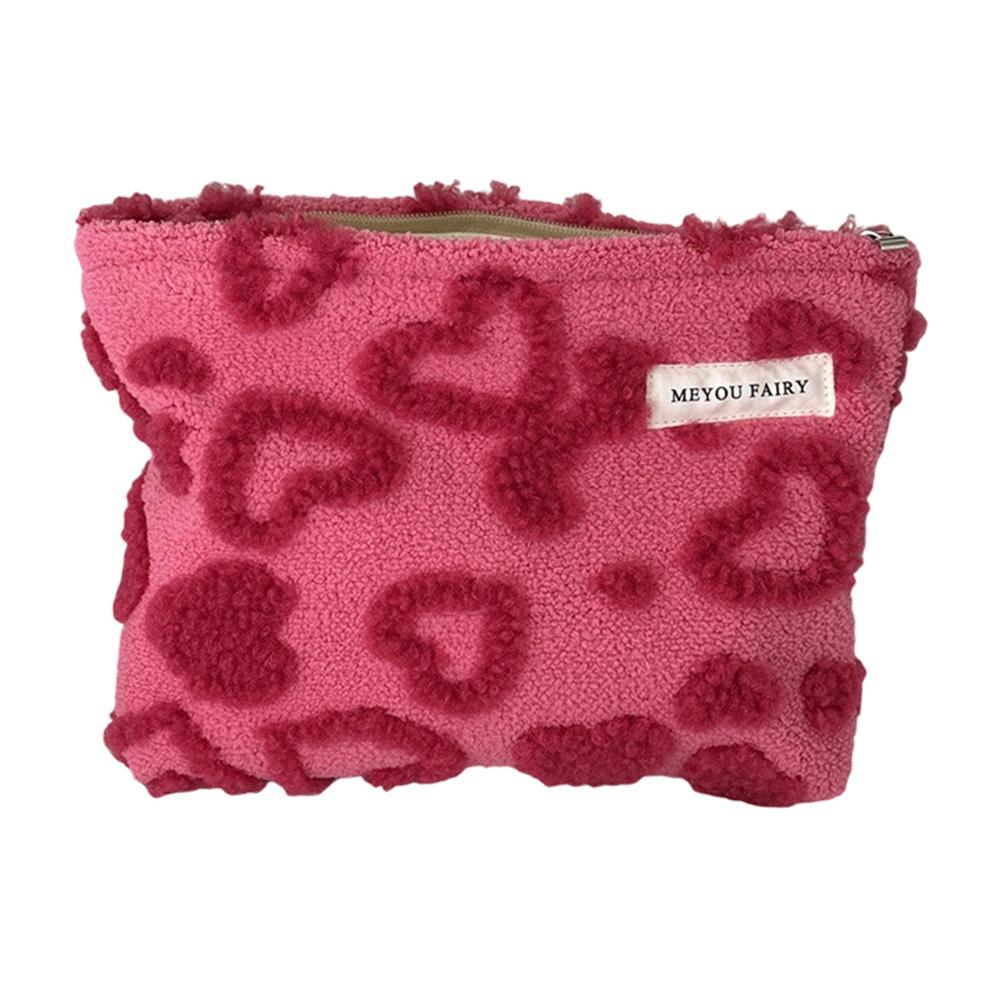 

Size S Heart Pattern Soft Plush Makeup Bag Portable Cosmetic Organizer Toiletry Storage Pouch