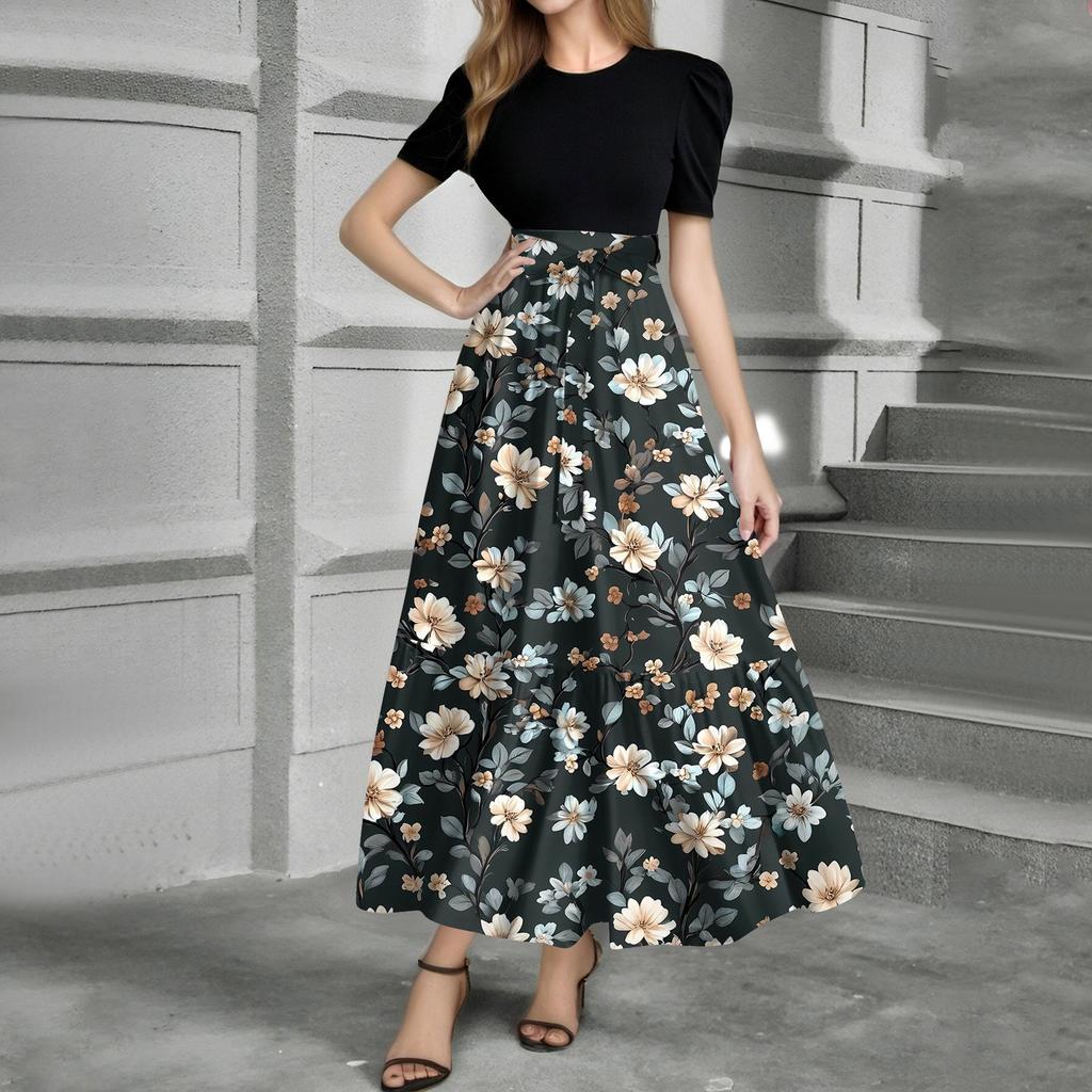 Women's Fashion Casual Belt Short Sleeve Round Neck Print Stitching Elegant Temperament Dress