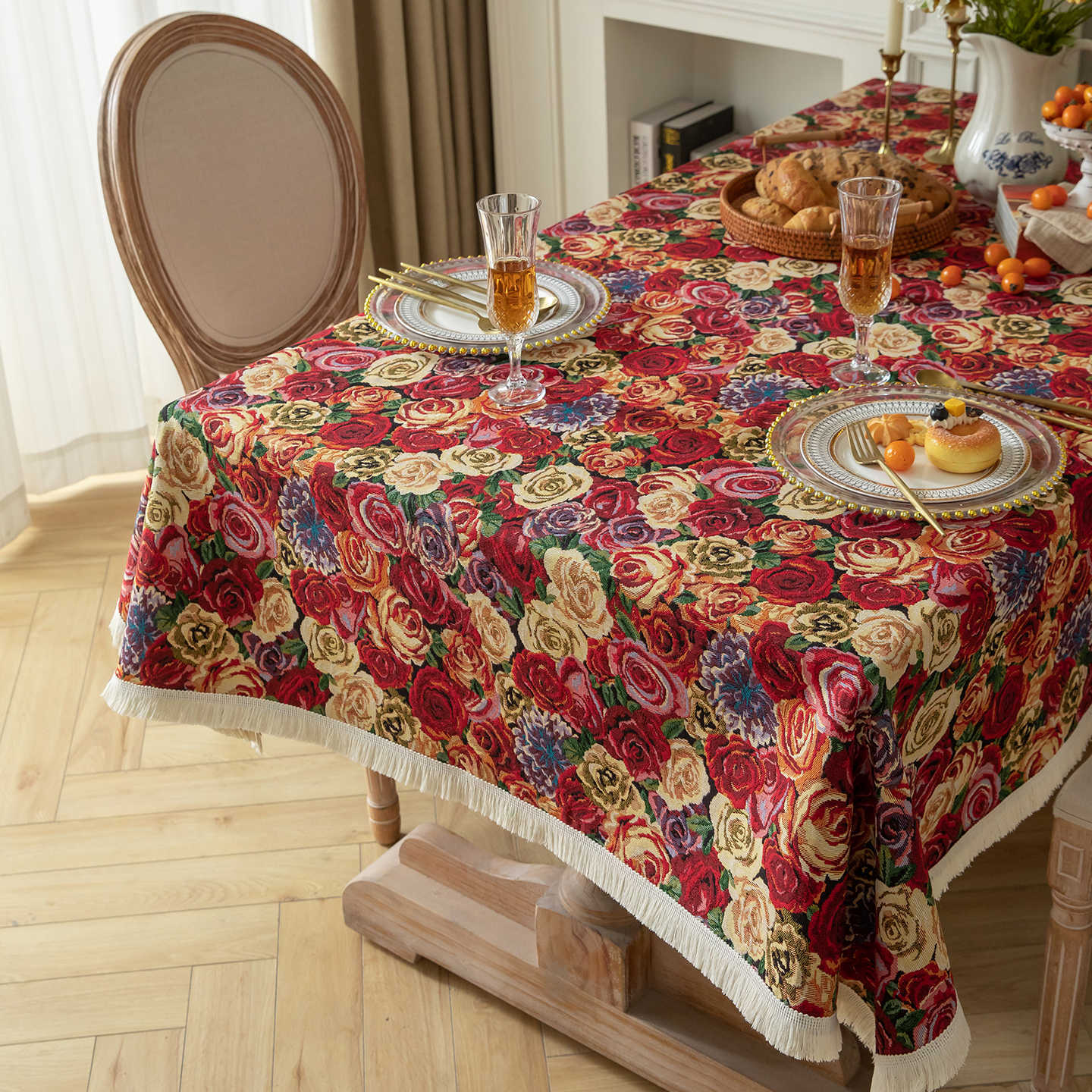 American Country Vintage Floral Linen Tablecloth Rectangular Fringed Tea Table Dining Mat 60*60cm