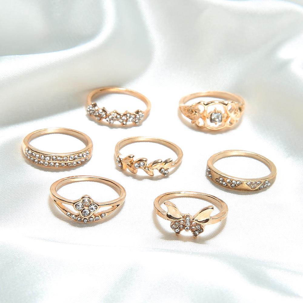 Retro Rhinestone Flower & Leaf Butterfly Ring Set - 7 Pieces