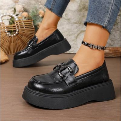 Fashion Spring Metal Buckle Platform Loafers Women Leather Slip On Flats Shoes Woman College Style Thick Sole JK Dress Shoes Crawler