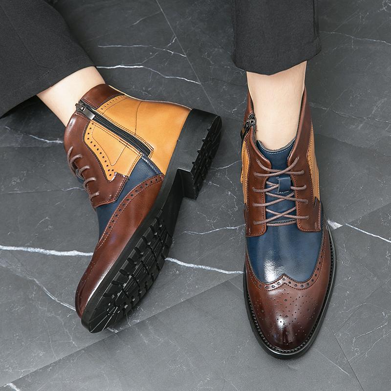 Fashion Spring New Men Thick Bottom Waterproof Work Shoes Casual Chelsea Fashion Classic Leather Boots Comfy Color Block Round Toe Boots