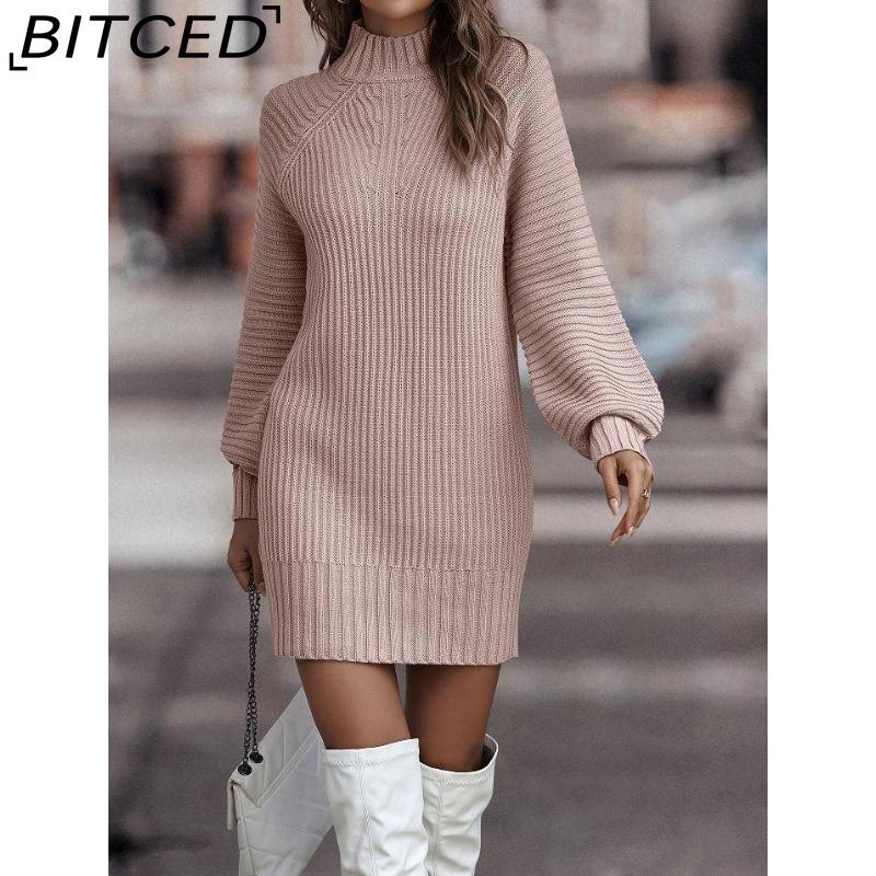BITCED Fall/Winter Solid-Color Long-Sleeve Fashion Turtleneck Sweater Dress for Women