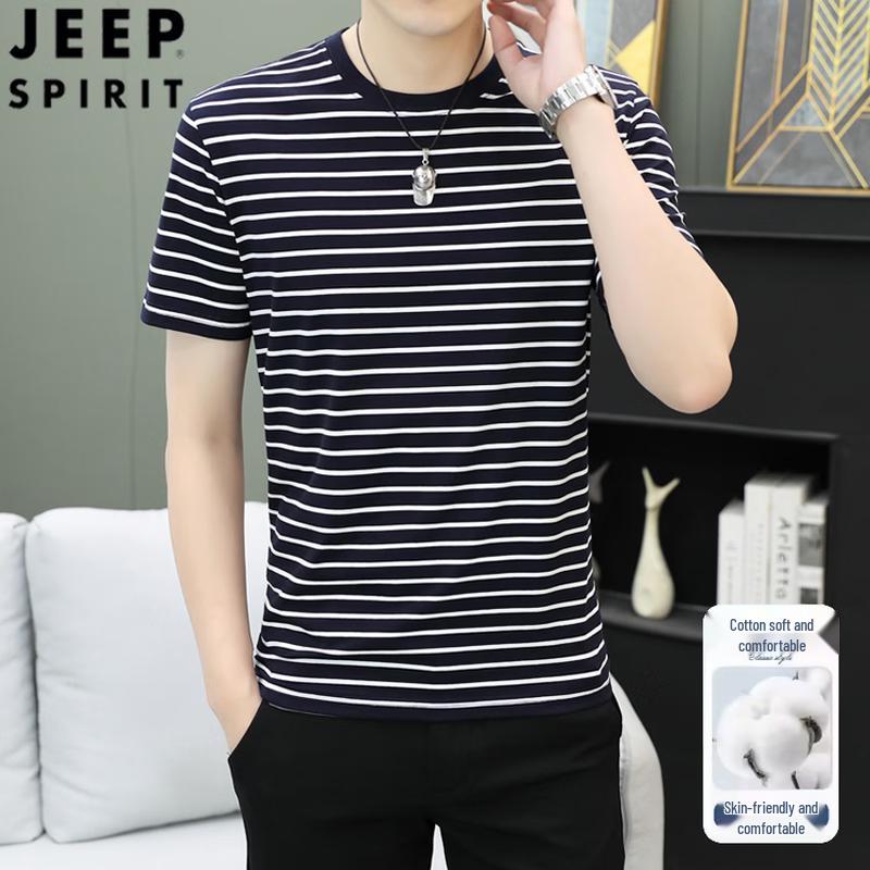 JEEP SPIRIT Men s Striped Cotton Round Neck T-shirt M