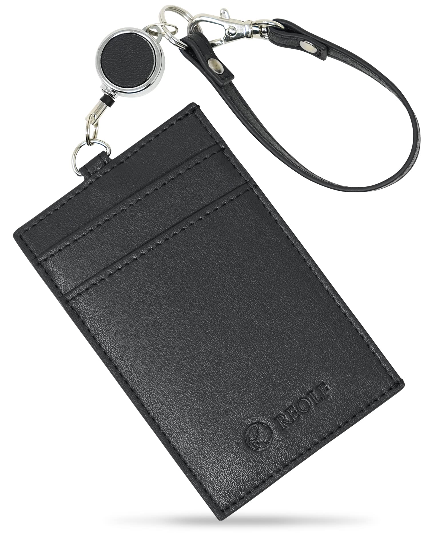 

[REOLF] Microfiber Leather Pass Case with Built-in IC Separator and Reel, Double-Sided Reading, Anti-Skimming, for Men and Women (Black)