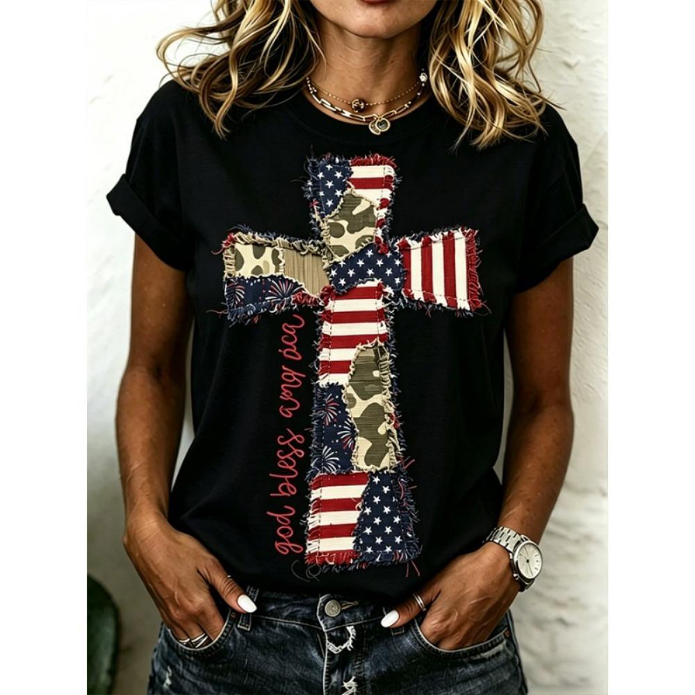 

Ilstile 250th Anniversary Of The United States Flag Women s Print T-Shirts Summer O Neck Tops Short Sleeve Casual Cross Tees S