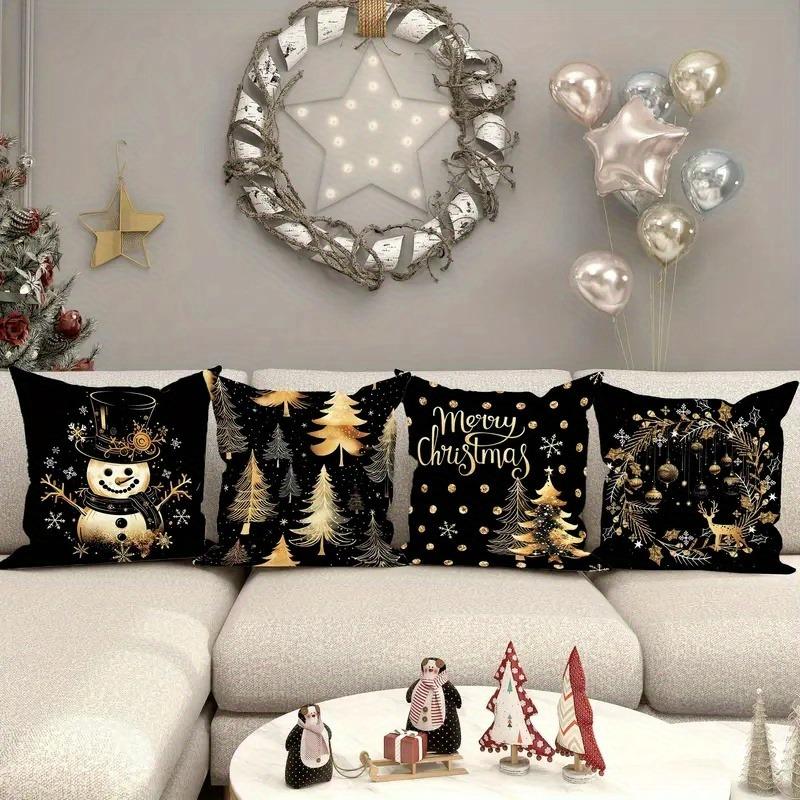 Golden Christmas Delights: Snowman, Trees, Merry Wishes & Ornament-Printed Pillowcases New Year Home Decoration