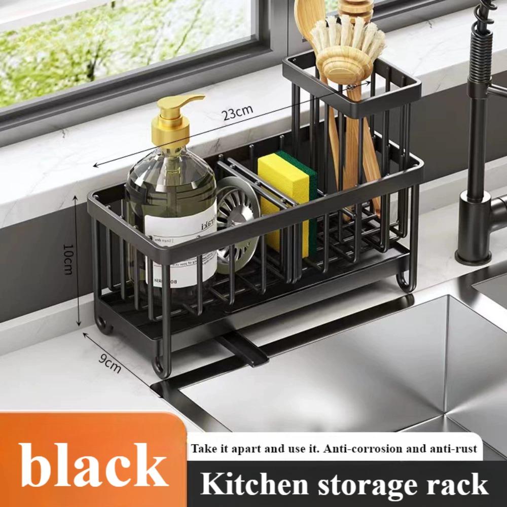 Cisily Sponge Holder for Kitchen Sink, Sink Caddy with High Brush Holder, Kitchen Sink Organizer Countertop Rustproof 304 Stainl чёрный