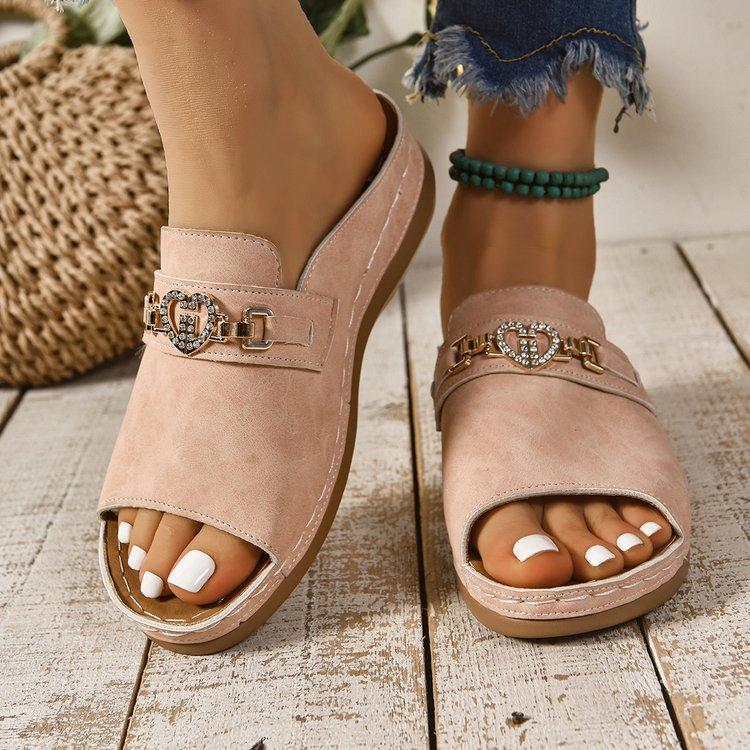 Foreign trade large size summer new slope heel thick-soled slippers metal decoration Roman style fish mouth beach cool slippers