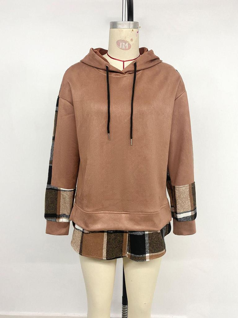 Women's Autumn Retro Plaid Hooded Sweatshirt with Velvet, Two-Piece Look, Long Sleeve, Casual Style