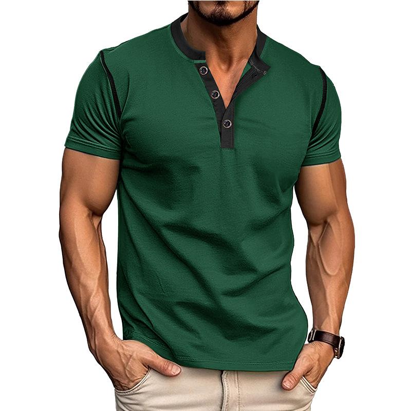 Men's Contrast Trim Henley T Shirt 3 Button Placket Short Sleeve Slim Fit Casual Summer Tee