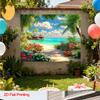 Serene Tropical Paradise Tapestry, Sunlit Beach with Palm Trees and Bungalows, Relaxing and Exotic Wall Art
