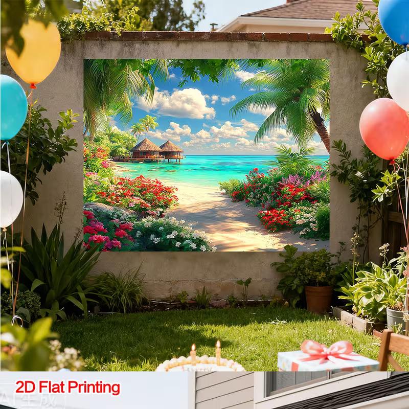 

Безмятежный тропический рай, Гобелен, Солнечный пляж с пальмами и бунгало, Расслабляющее и экзотическое настенное искусство 47.2x31.5inch/120*80cm