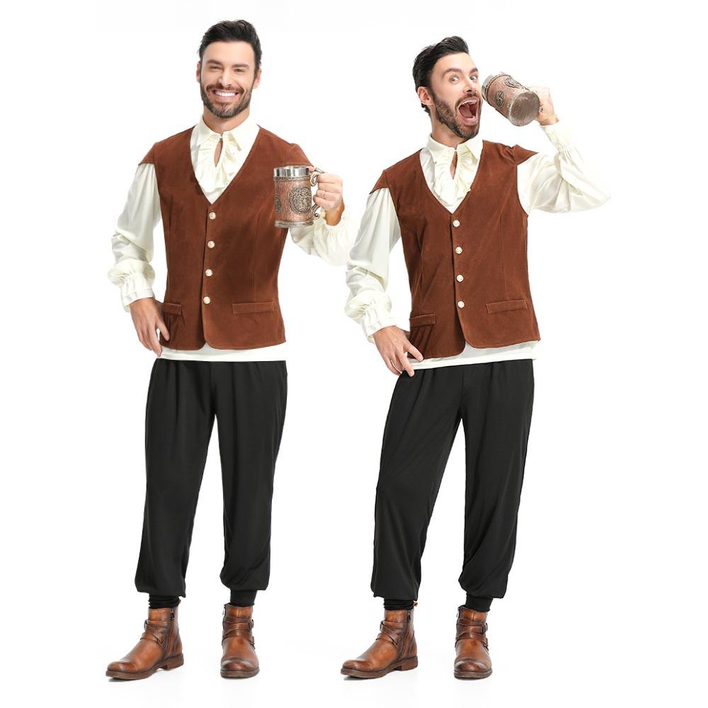 Adult Men Vampire Renaissance Pirate Knight Vest T Shirt Pants Set Halloween Cosplay Costumes Role Play Outfit