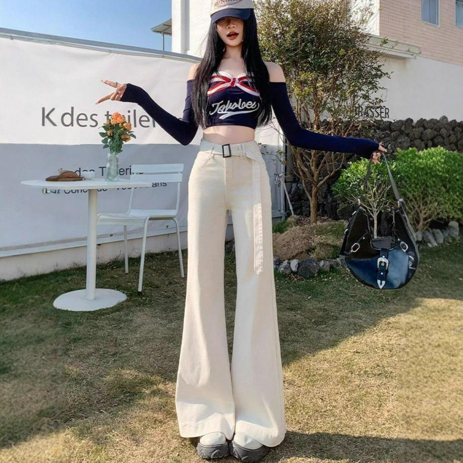 Big Yards Women's High Waist Micro Denim Trousers Beige Apricot Loose Not Stick Leg Wide Leg Flare Trousers Jeans for Women Long Denim Pants