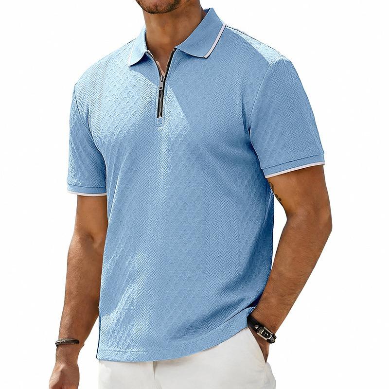 Men's Heavyweight Vintage Loose Jacquard Zip Short Sleeve Polo Shirt.