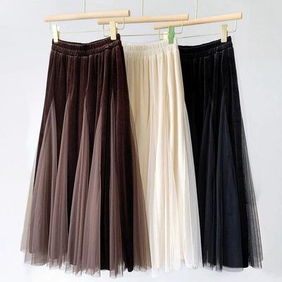 Solid Color Gold Velvet Patchwork Mesh Skirt Mid-Length High Waisted Slimming Gauze Skirt QT2456