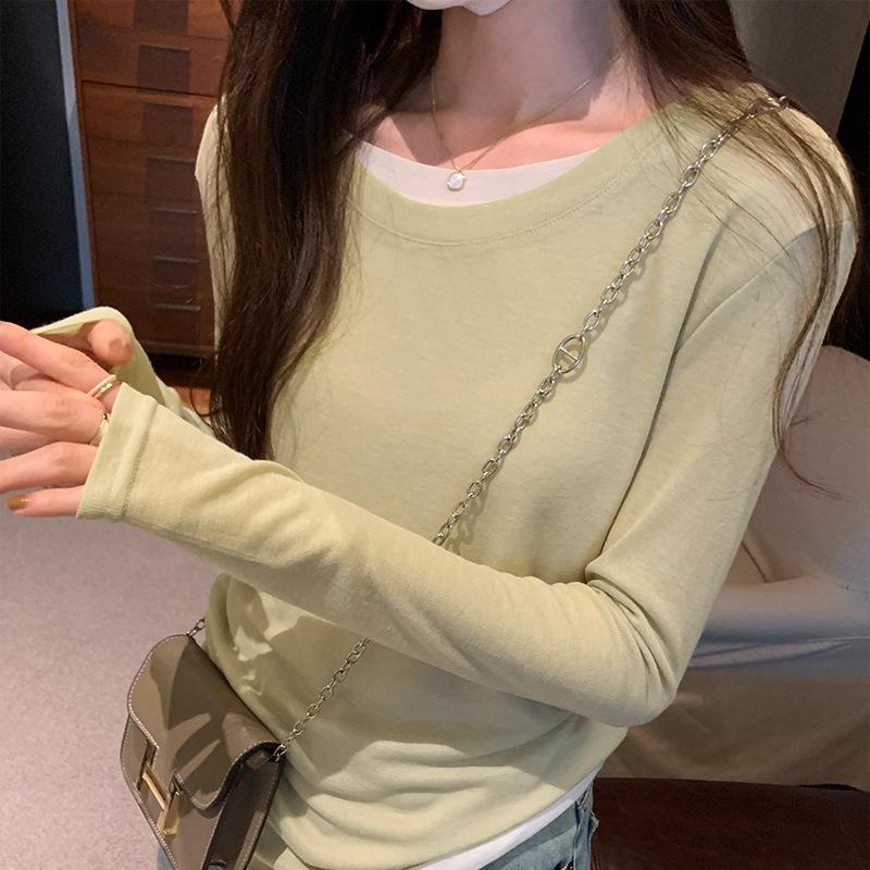 

Корейский стиль круглый вырез черный и белый контрастный имитация двух частей топ с длинными рукавами для женщин осень и зима новый стиль Ins Bottoming футболка XL