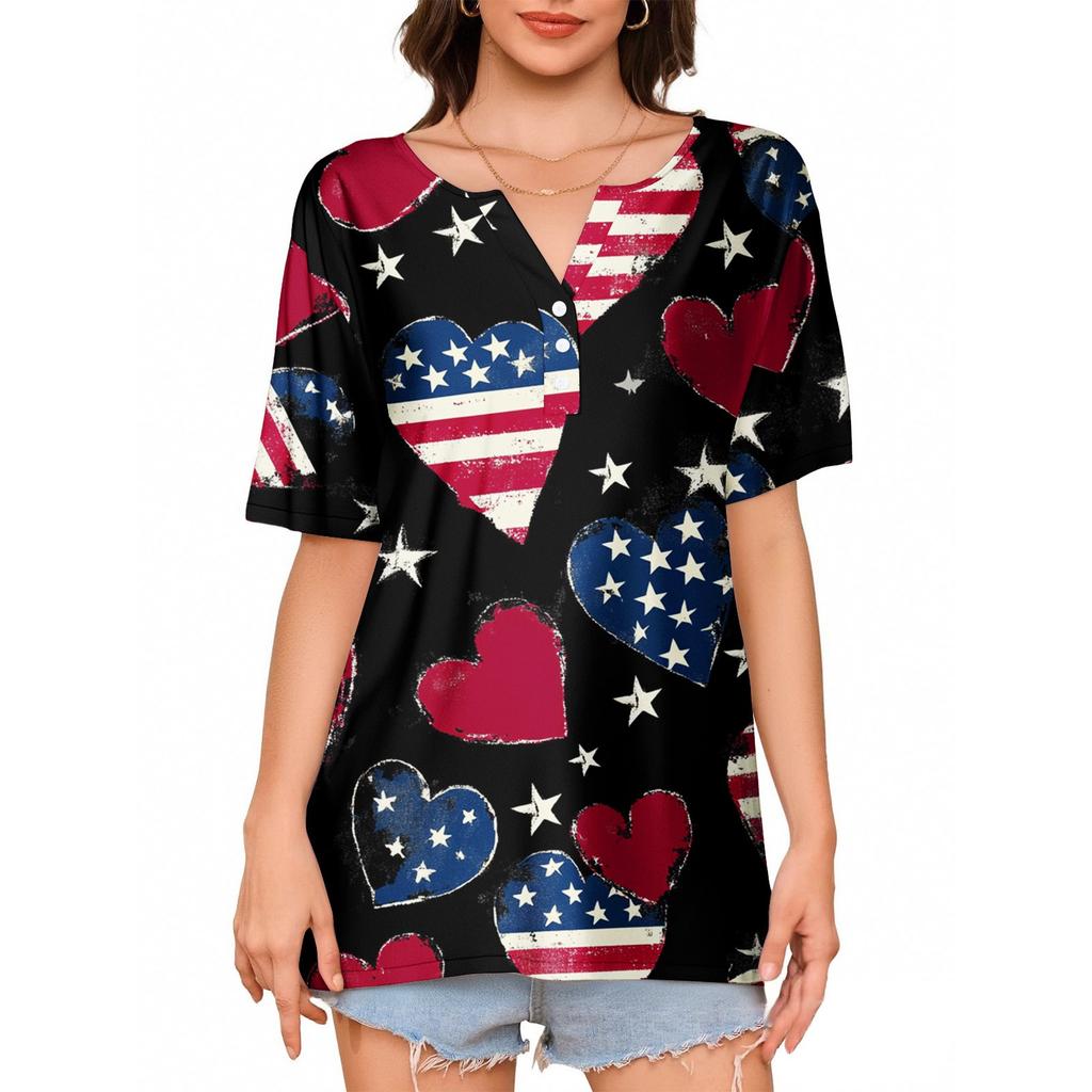 Dámské tričko Tričko Potisk knoflíku Krátký rukáv Denní víkend Móda Basic Top s výstřihem do V