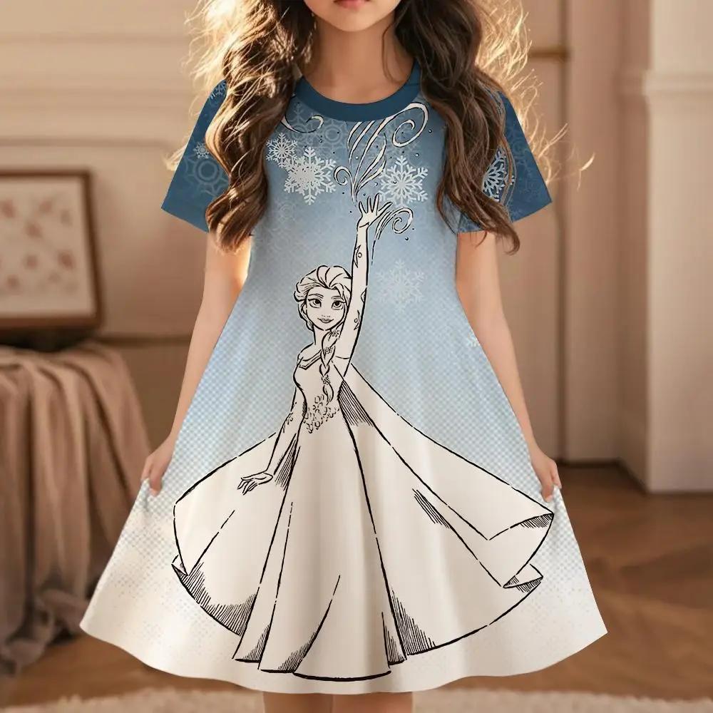 Disney Frozen Princess Elsa Girls Summer Dress Anime Kids Dresses Clothes Skirt Fashion Casual Outfit