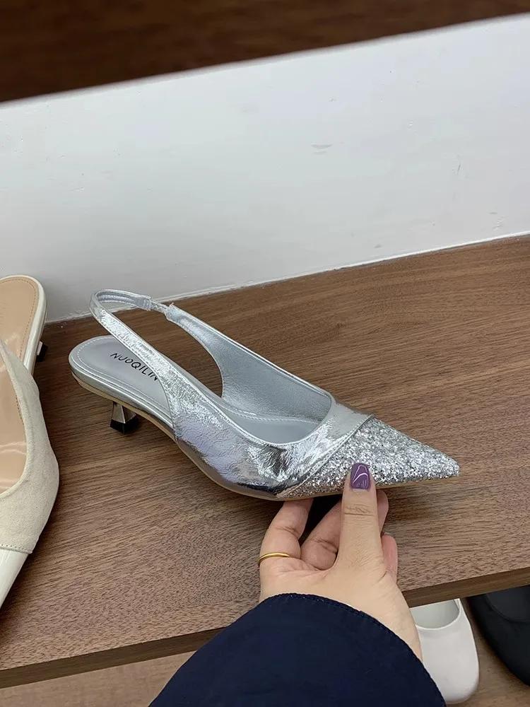 

Розовые нежные туфли на шпильке, остроносые, с ремешком на одной пряжке, сказочные сандалии баотоу, удобные, с французской пяткой, с открытой пяткой, женские туфли для работы 39 серебряный